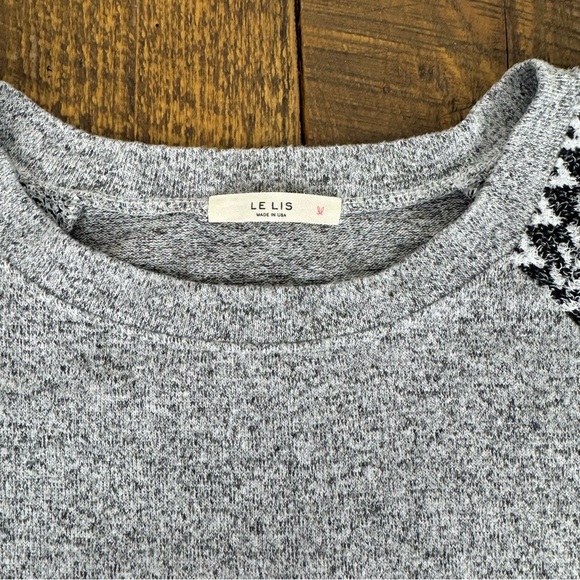 Gray Knit Sweater w/ Black White Pattern Sleeves | Cozy Casual Pullover Top - Picture 2 of 9